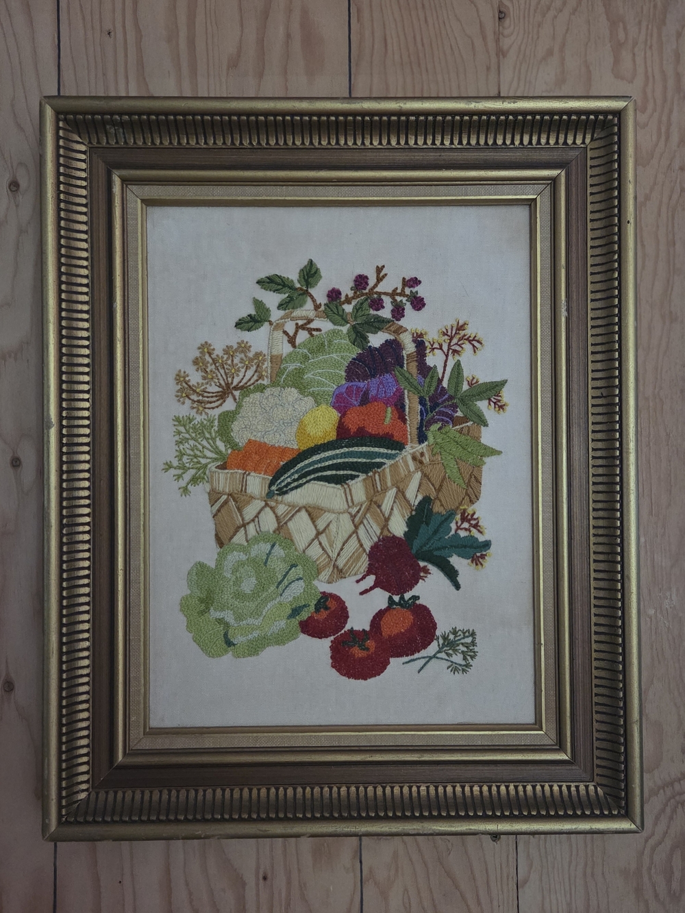 Vintage Hand-Embroidered Fruit & Vegetable Basket Wall Art - Multi-Color